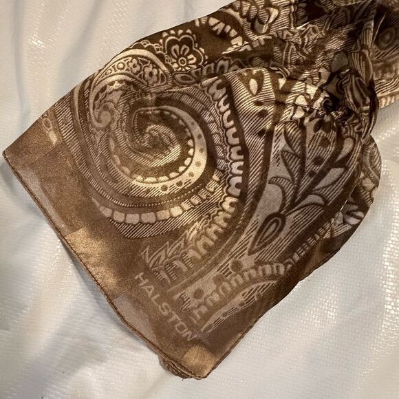 Vintage Halston Brown Paisley Semi Sheer Rectangular Scarf - Picture 2 of 12